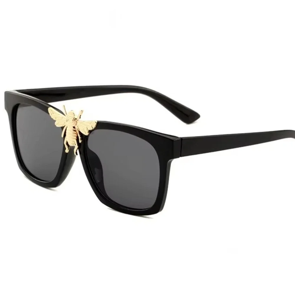 Fashion Sunglasses Square Frame Dark Black Lens Gold Metal‎ Accents Gangster New
